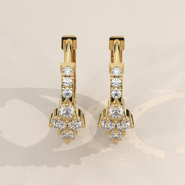 Pair Front View: Round Diamond Hoop Earrings with Cluster Setting in Yellow Gold – Lab Grown – Driona Jewels