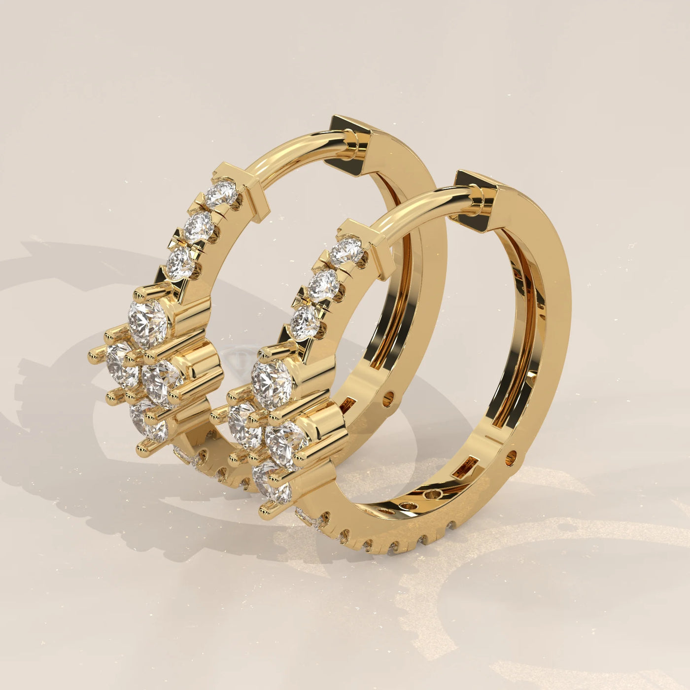 Three-Quarter View: Round Diamond Hoop Earrings with Cluster Setting in Yellow Gold – Lab Grown – Driona Jewels