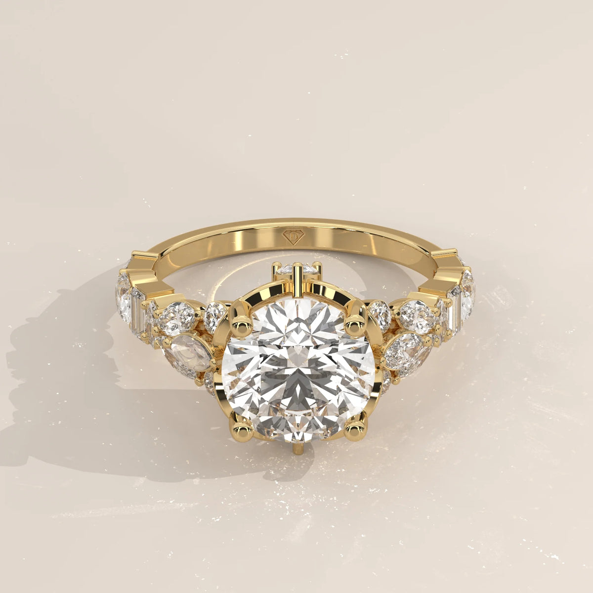 Three-Quarter View: Round Diamond Ring with Cluster Setting in Yellow Gold – Lab Grown – Driona Jewels