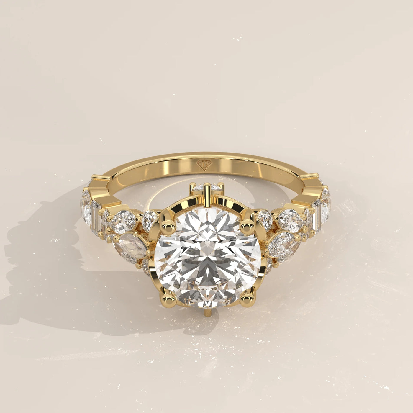 Three-Quarter View: Round Diamond Ring with Cluster Setting in Yellow Gold – Lab Grown – Driona Jewels