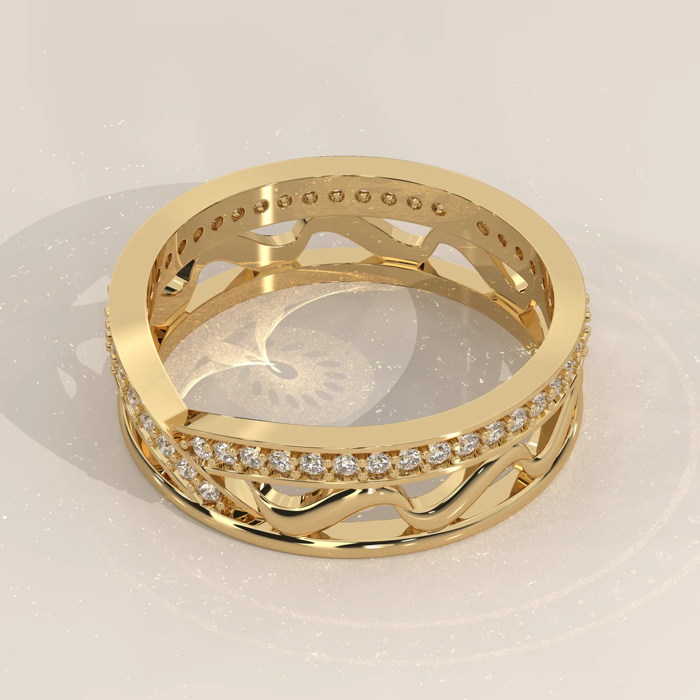 Angle View: Round Diamond Wedding Band with Criss Cross Setting in Yellow Gold – Lab Grown – Driona Jewels