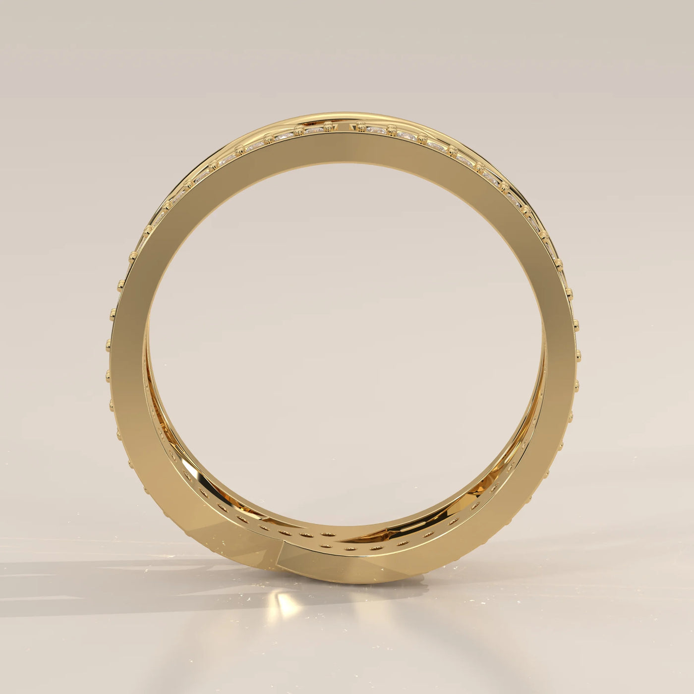 Front View: Round Diamond Wedding Band with Criss Cross Setting in Yellow Gold – Lab Grown – Driona Jewels