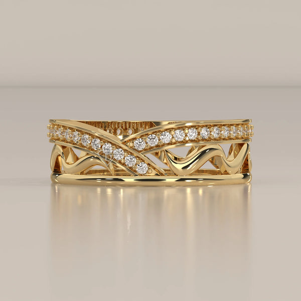 Side Profile: Round Diamond Wedding Band with Criss Cross Setting in Yellow Gold – Lab Grown – Driona Jewels