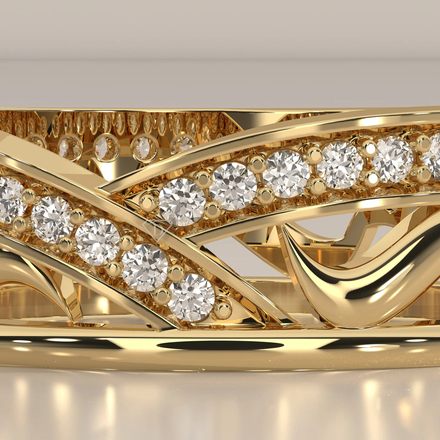 Stone Detail: Round Lab Grown Diamonds in Criss Cross Setting – Yellow Gold – Driona Jewels