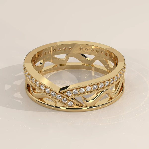 Three-Quarter View: Round Diamond Wedding Band with Criss Cross Setting in Yellow Gold – Lab Grown – Driona Jewels