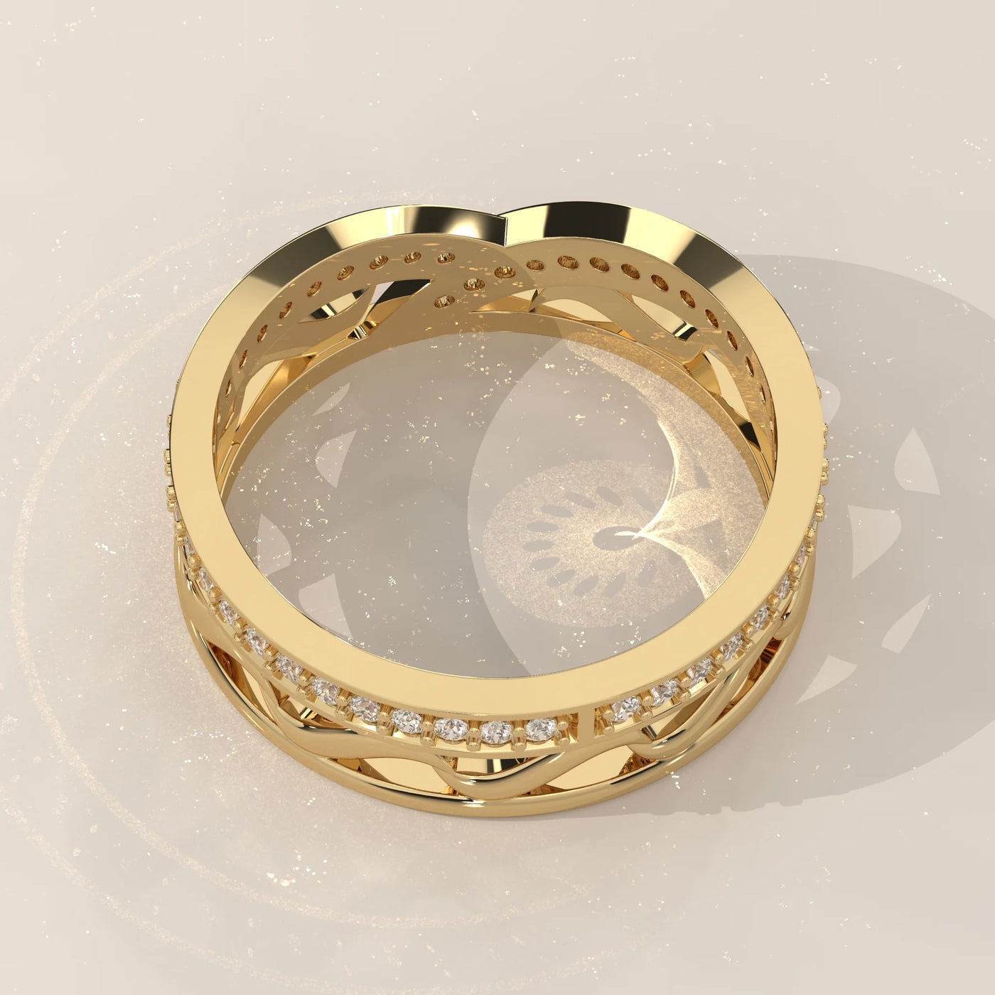 Top View: Round Diamond Wedding Band with Criss Cross Setting in Yellow Gold – Lab Grown – Driona Jewels
