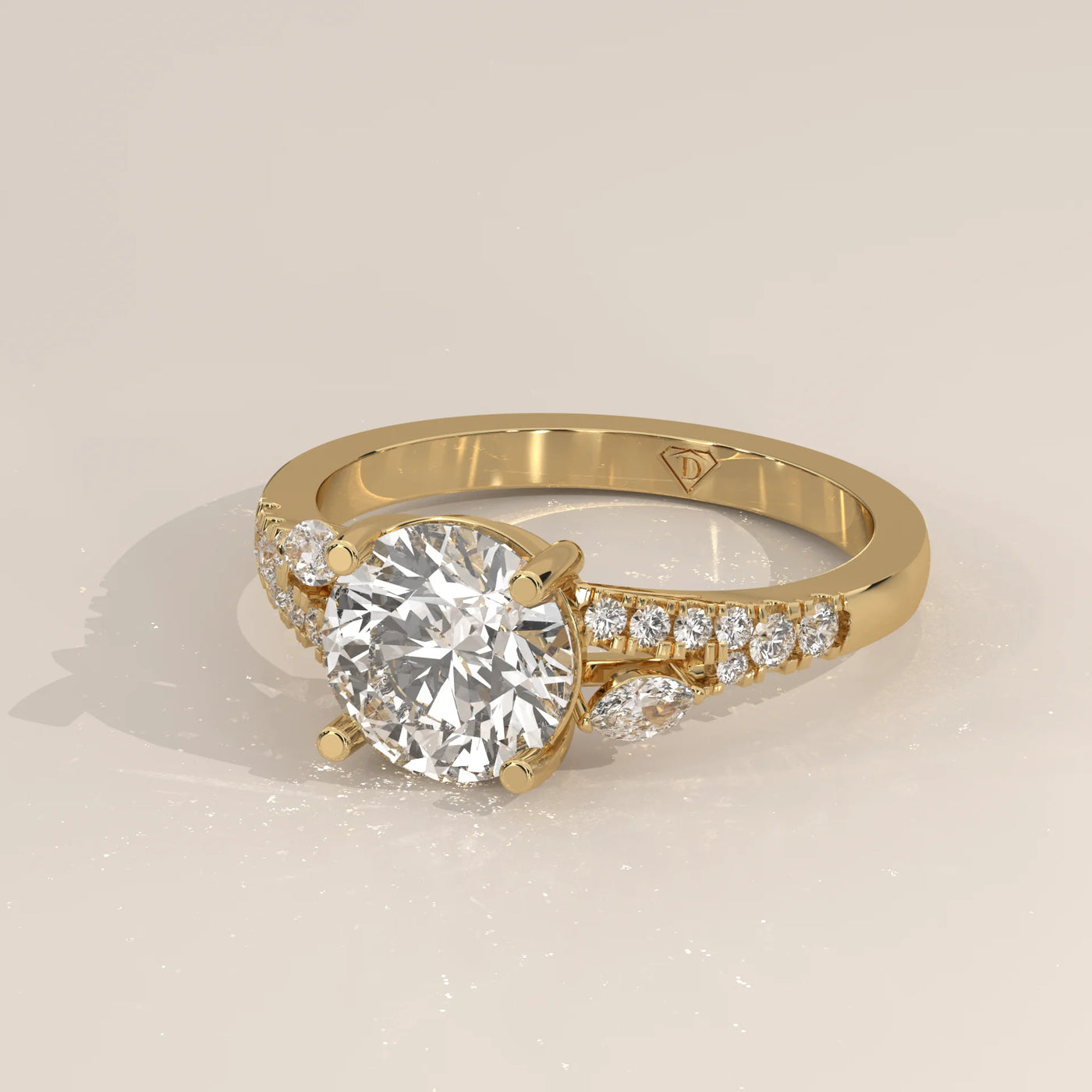 Angle View: Round Diamond Ring with Prong Setting in Yellow Gold – Lab Grown – Driona Jewels