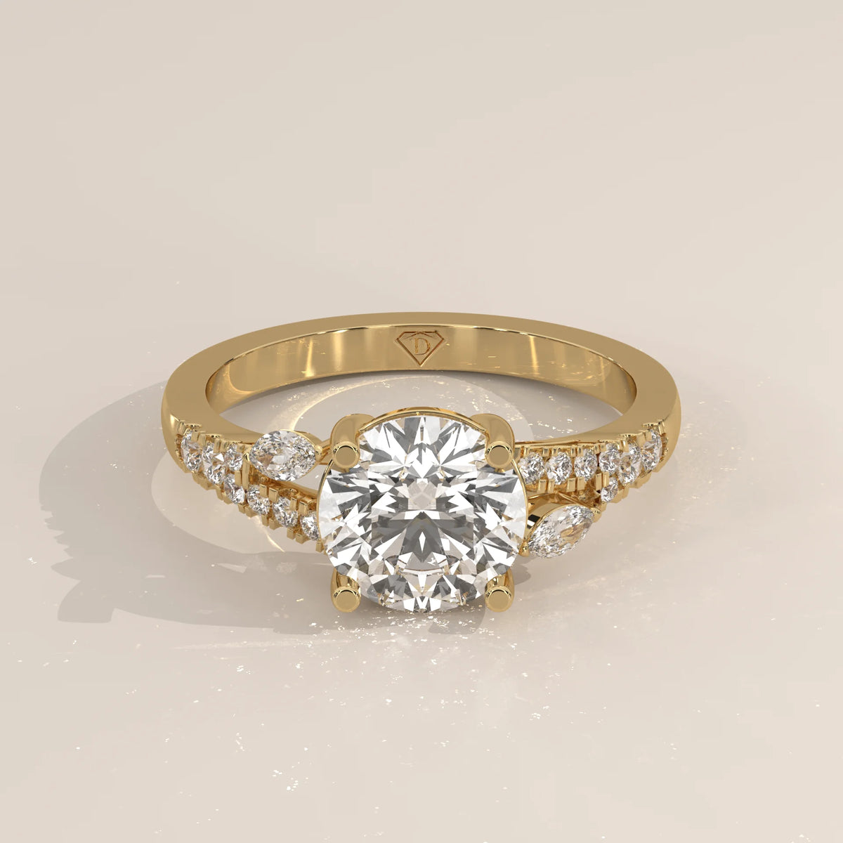 Three-Quarter View: Round Diamond Ring with Prong Setting in Yellow Gold – Lab Grown – Driona Jewels