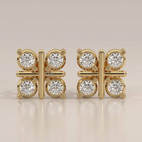 Front View: Round Diamond Stud Earrings with Cluster Setting in Yellow Gold – Lab Grown – Driona Jewels
