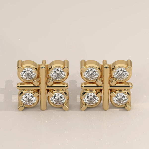 Pair Front View: Round Diamond Stud Earrings with Cluster Setting in Yellow Gold – Lab Grown – Driona Jewels