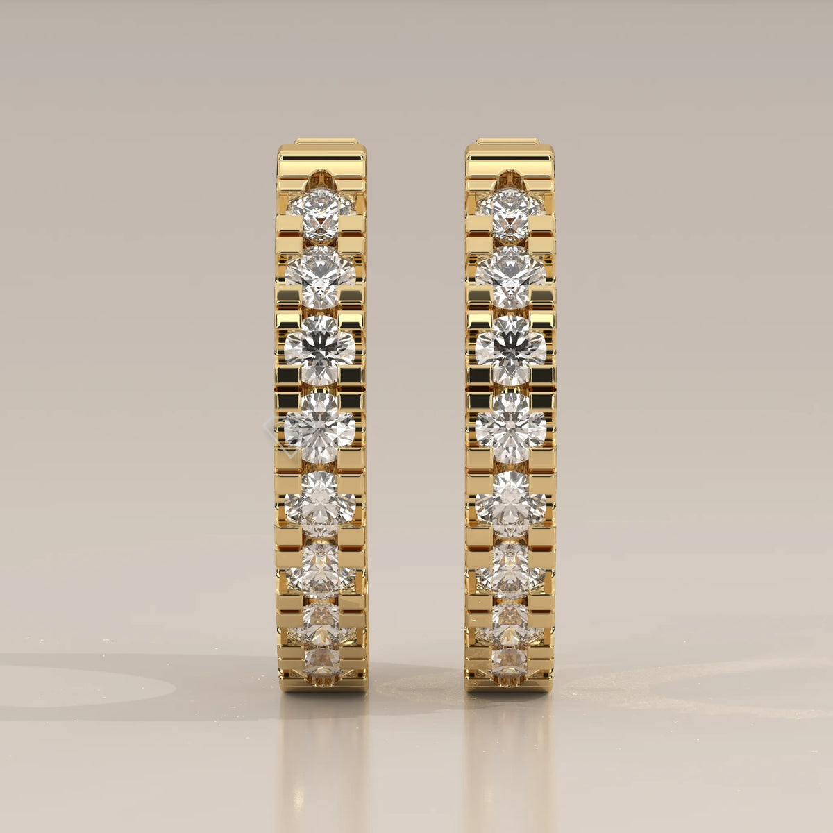 Front View: Round Diamond Huggie Hoop Earrings with Prong Setting in Yellow Gold – Lab Grown – Driona Jewels