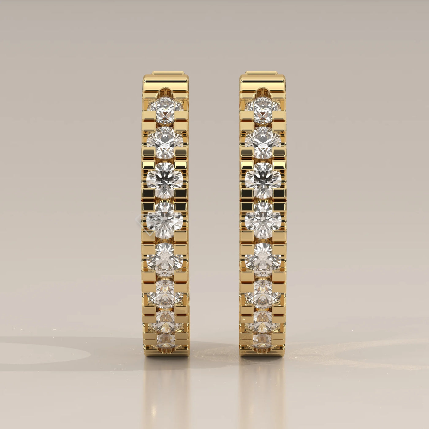 Front View: Round Diamond Huggie Hoop Earrings with Prong Setting in Yellow Gold – Lab Grown – Driona Jewels
