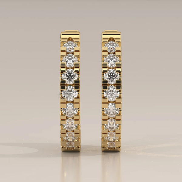Front View: Round Diamond Huggie Hoop Earrings with Prong Setting in Yellow Gold – Lab Grown – Driona Jewels