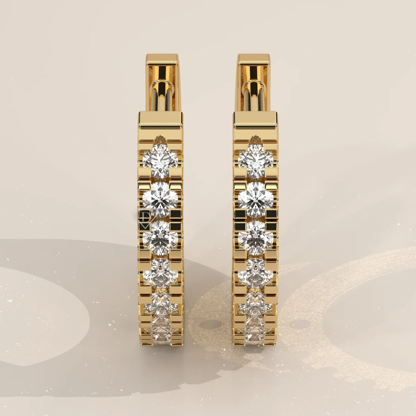 Pair Front View: Round Diamond Huggie Hoop Earrings with Prong Setting in Yellow Gold – Lab Grown – Driona Jewels
