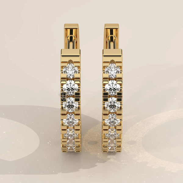 Pair Front View: Round Diamond Huggie Hoop Earrings with Prong Setting in Yellow Gold – Lab Grown – Driona Jewels