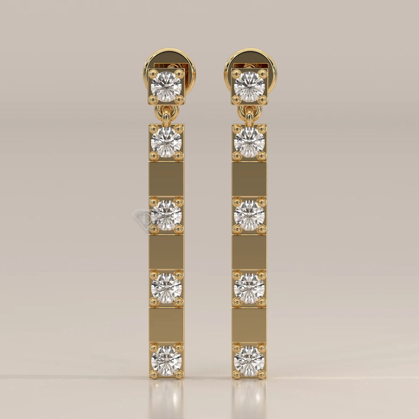Front View: Round Diamond Drop Earrings with Prong Setting in Yellow Gold – Lab Grown – Driona Jewels