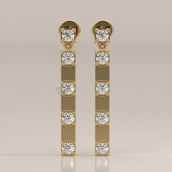 Front View: Round Diamond Drop Earrings with Prong Setting in Yellow Gold – Lab Grown – Driona Jewels