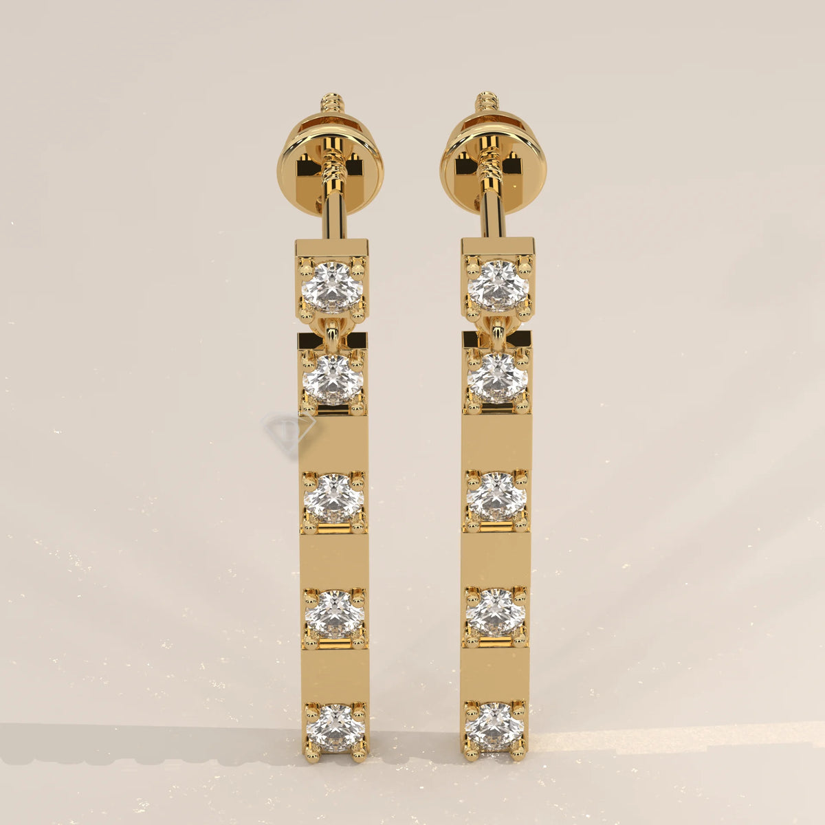 Pair Front View: Round Diamond Drop Earrings with Prong Setting in Yellow Gold – Lab Grown – Driona Jewels