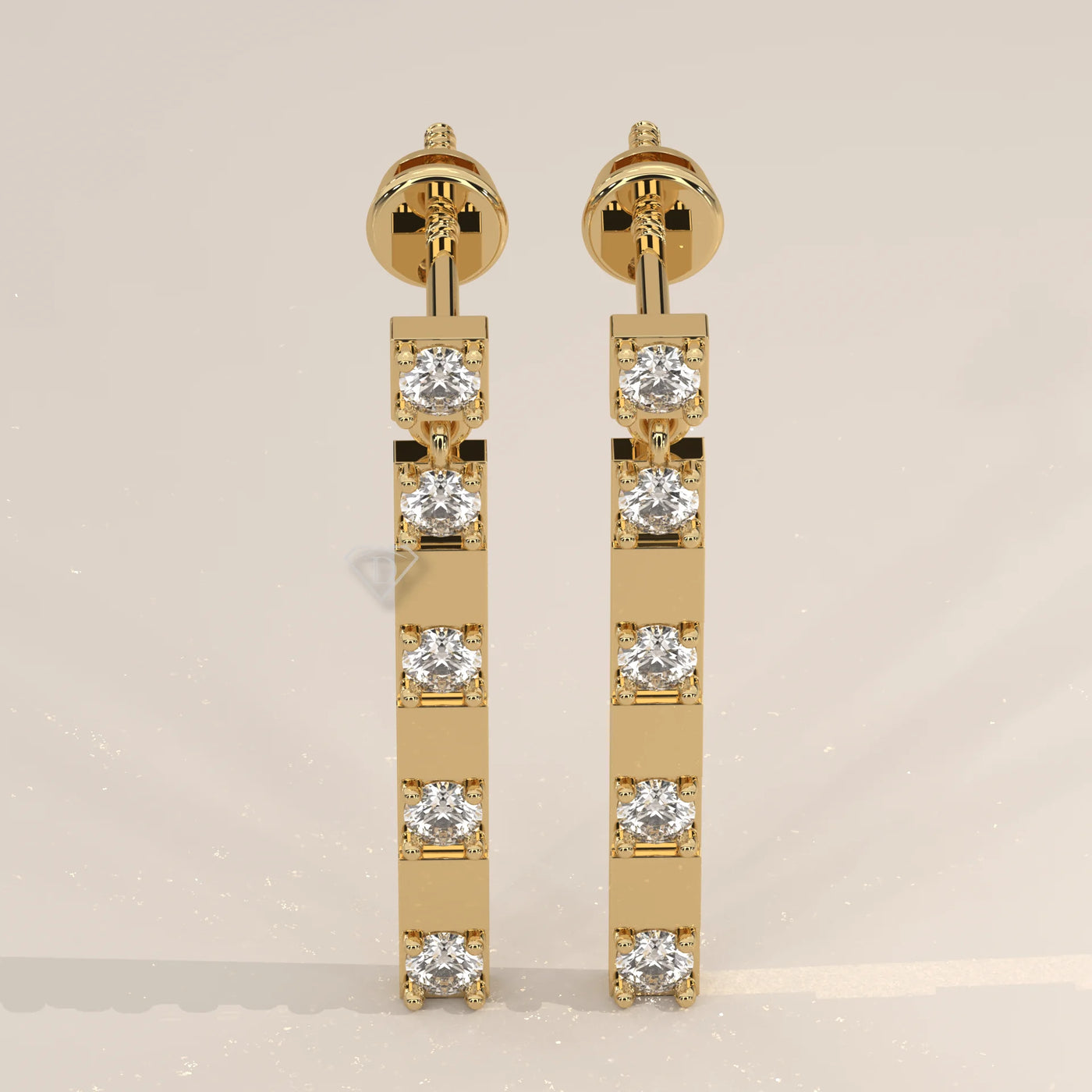 Pair Front View: Round Diamond Drop Earrings with Prong Setting in Yellow Gold – Lab Grown – Driona Jewels