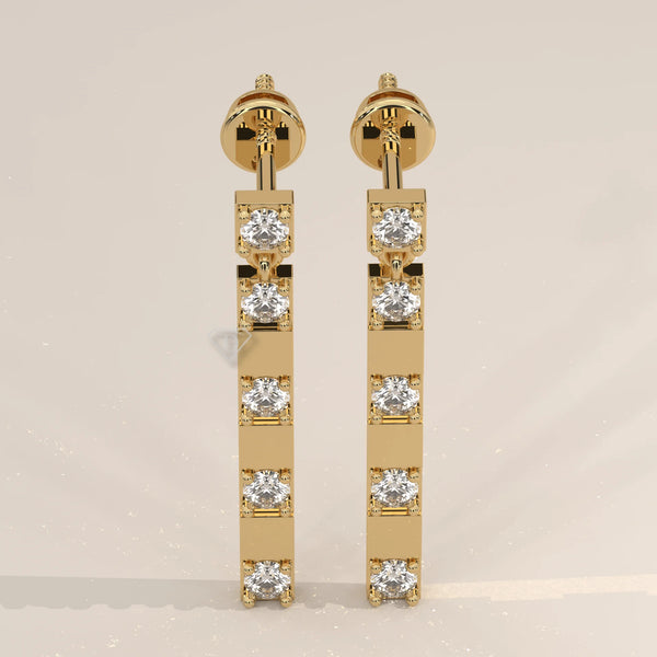 Pair Front View: Round Diamond Drop Earrings with Prong Setting in Yellow Gold – Lab Grown – Driona Jewels