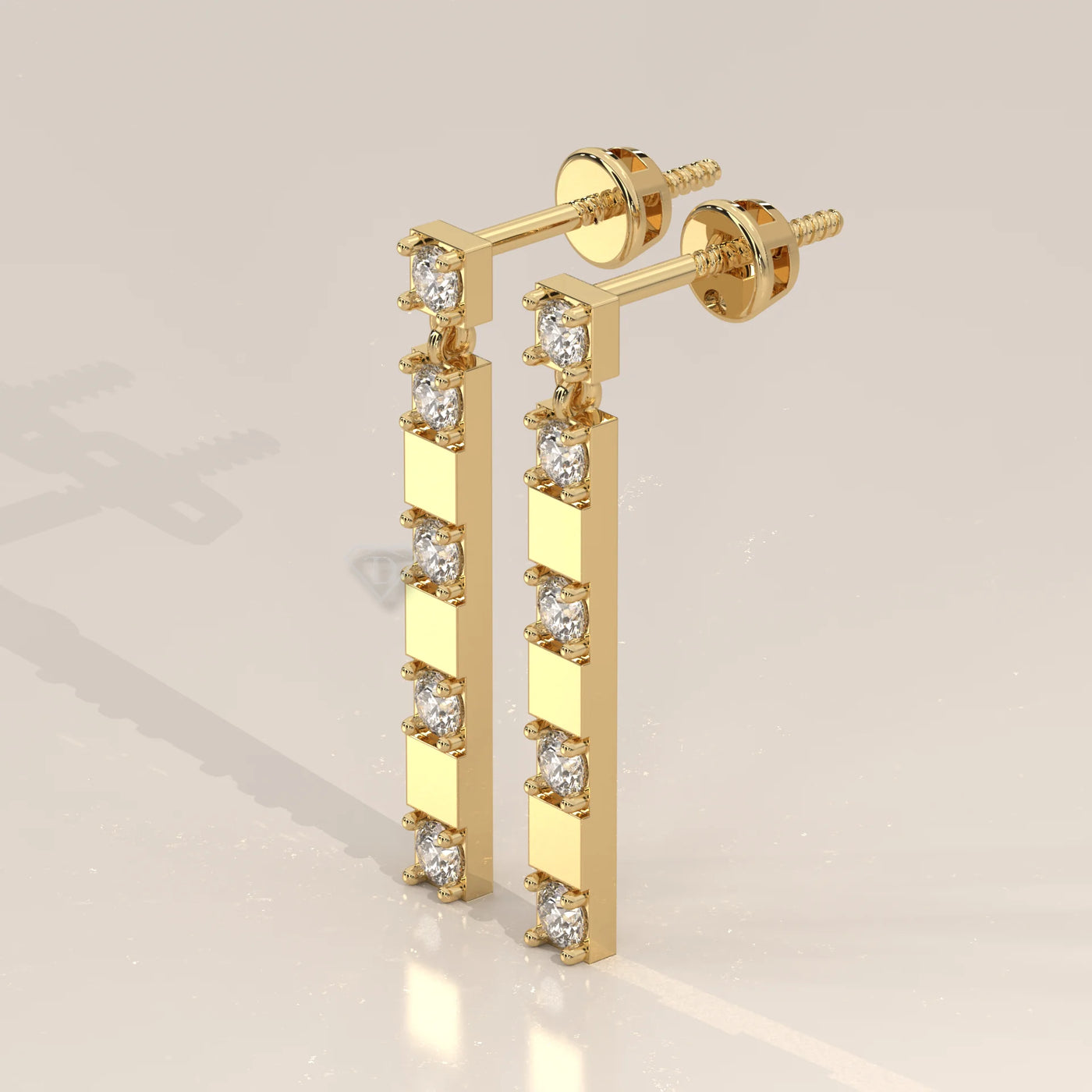 Three-Quarter View: Round Diamond Drop Earrings with Prong Setting in Yellow Gold – Lab Grown – Driona Jewels