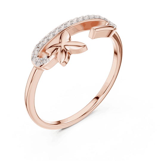 14K Rose Gold Diamond Ring featuring Open Bypass Flower Charm Pave style with Polished finish for women - Perfect Gift for Her - Angled View