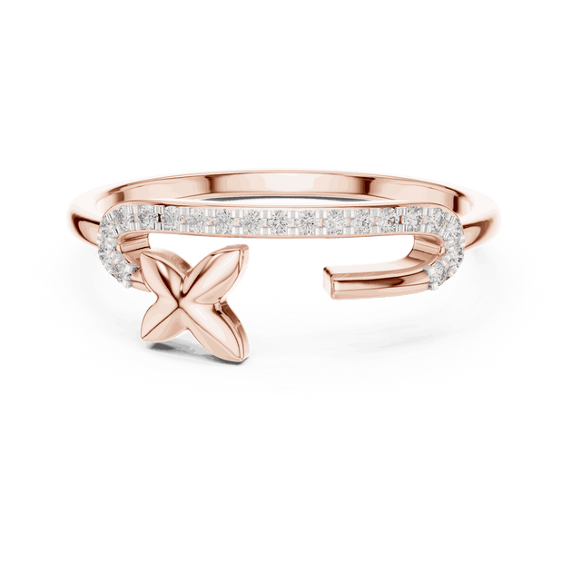 14K Rose Gold Diamond Ring featuring Open Bypass Flower Charm Pave style with Polished finish for women - Perfect Gift for Her - Top View