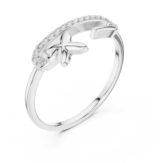 14K White Gold Diamond Ring featuring Open Bypass Flower Charm Pave style with Polished finish for women - Perfect Gift for Her - Angled View