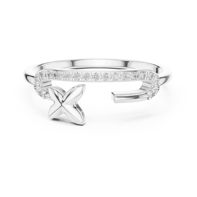 14K White Gold Diamond Ring featuring Open Bypass Flower Charm Pave style with Polished finish for women - Perfect Gift for Her - Top View
