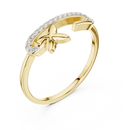 14K Yellow Gold Diamond Ring featuring Open Bypass Flower Charm Pave style with Polished finish for women - Perfect Gift for Her - Angled View
