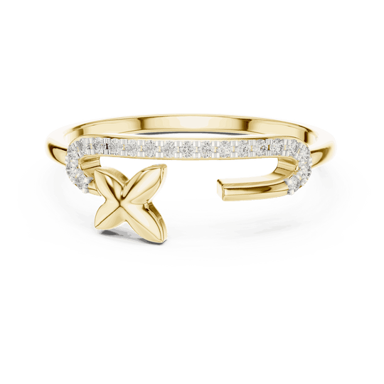 14K Yellow Gold Diamond Ring featuring Open Bypass Flower Charm Pave style with Polished finish for women - Perfect Gift for Her - Top View