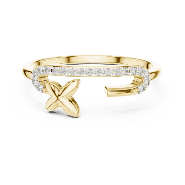 14K Yellow Gold Diamond Ring featuring Open Bypass Flower Charm Pave style with Polished finish for women - Perfect Gift for Her - Top View