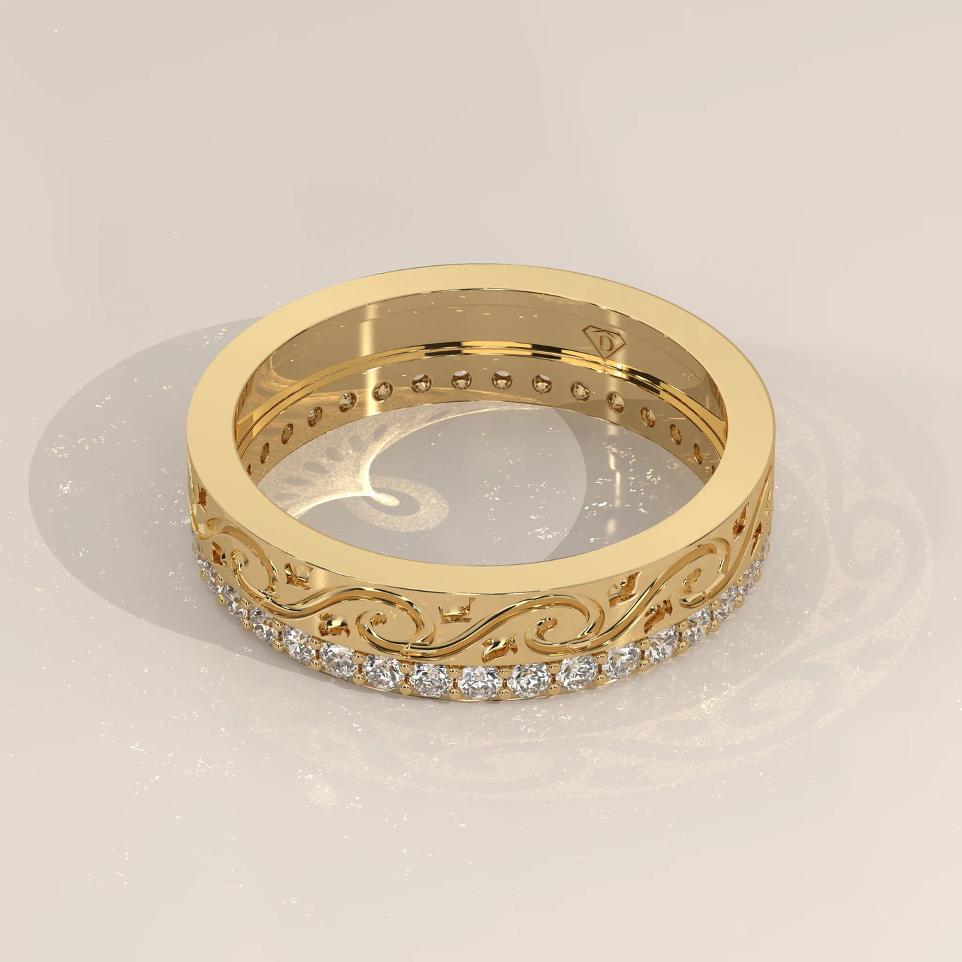 Angle View: Round Diamond Band with Pavé Setting in Yellow Gold – Lab Grown – Driona Jewels