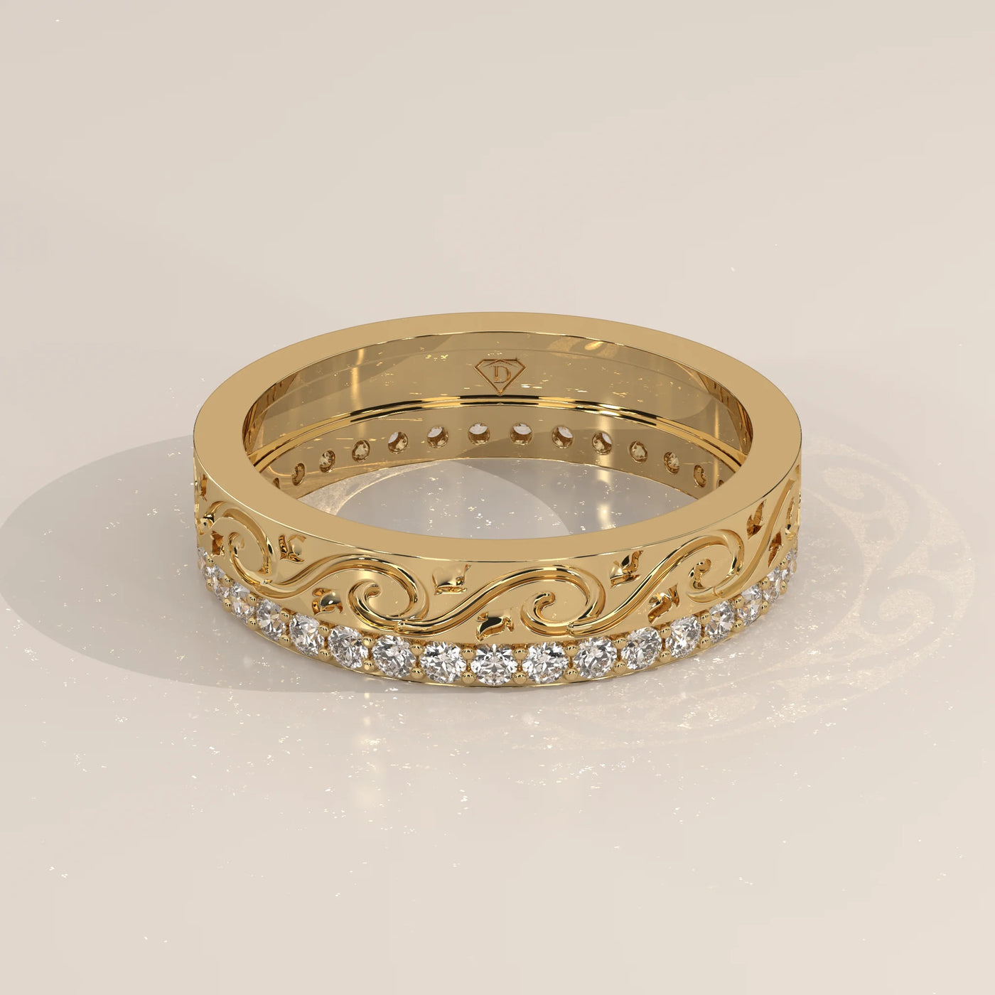 Three-Quarter View: Round Diamond Band with Pavé Setting in Yellow Gold – Lab Grown – Driona Jewels