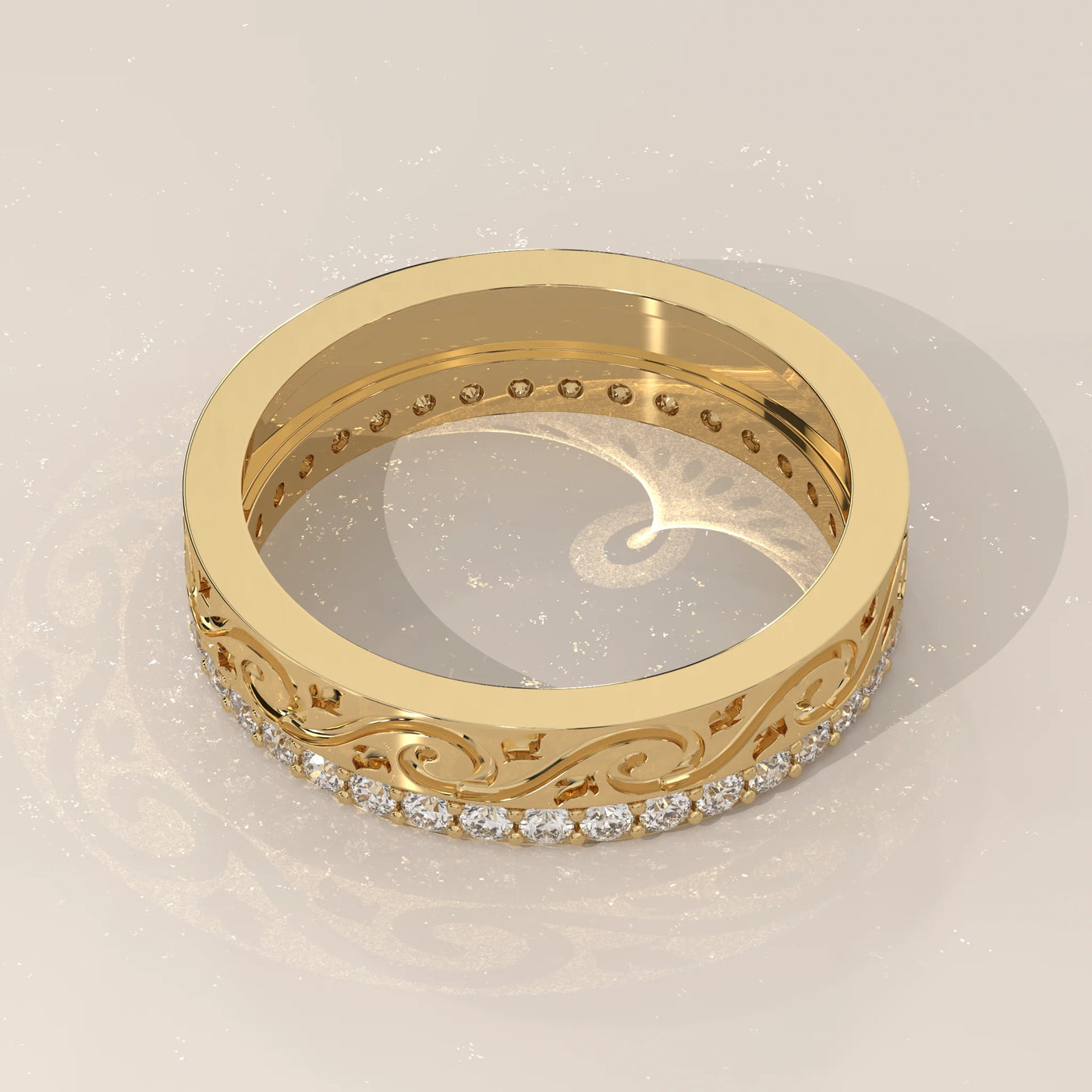 Top View: Round Diamond Band with Pavé Setting in Yellow Gold – Lab Grown – Driona Jewels