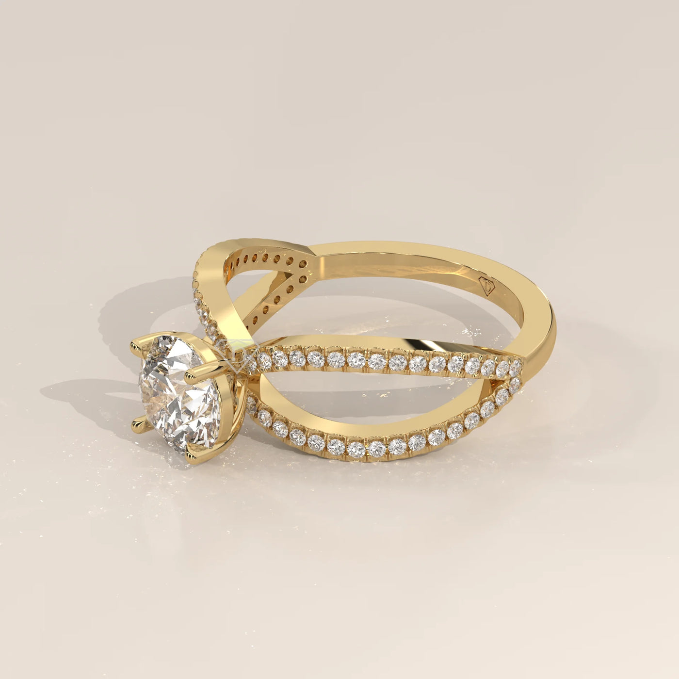 Angle View: Round Diamond Ring with Split Shank Setting in Yellow Gold – Lab Grown – Driona Jewels