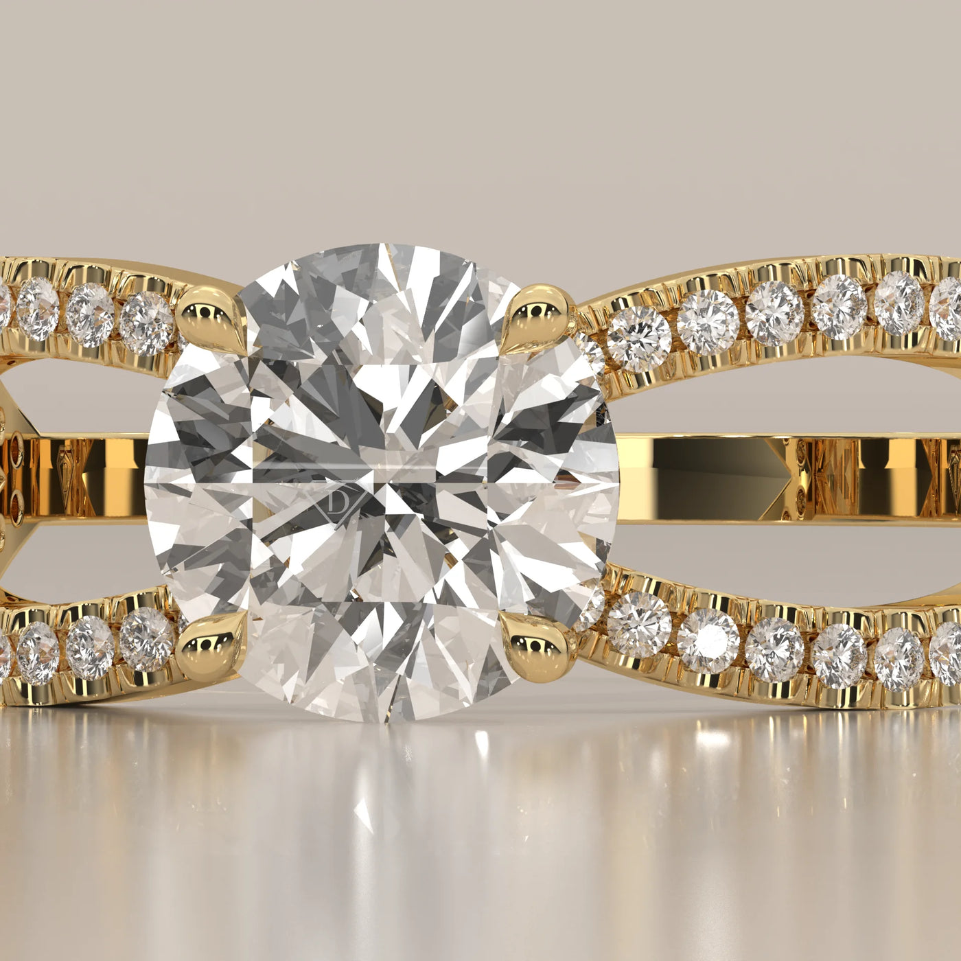 Stone Detail: Round Lab Grown Diamonds in Split Shank Setting – Yellow Gold – Driona Jewels