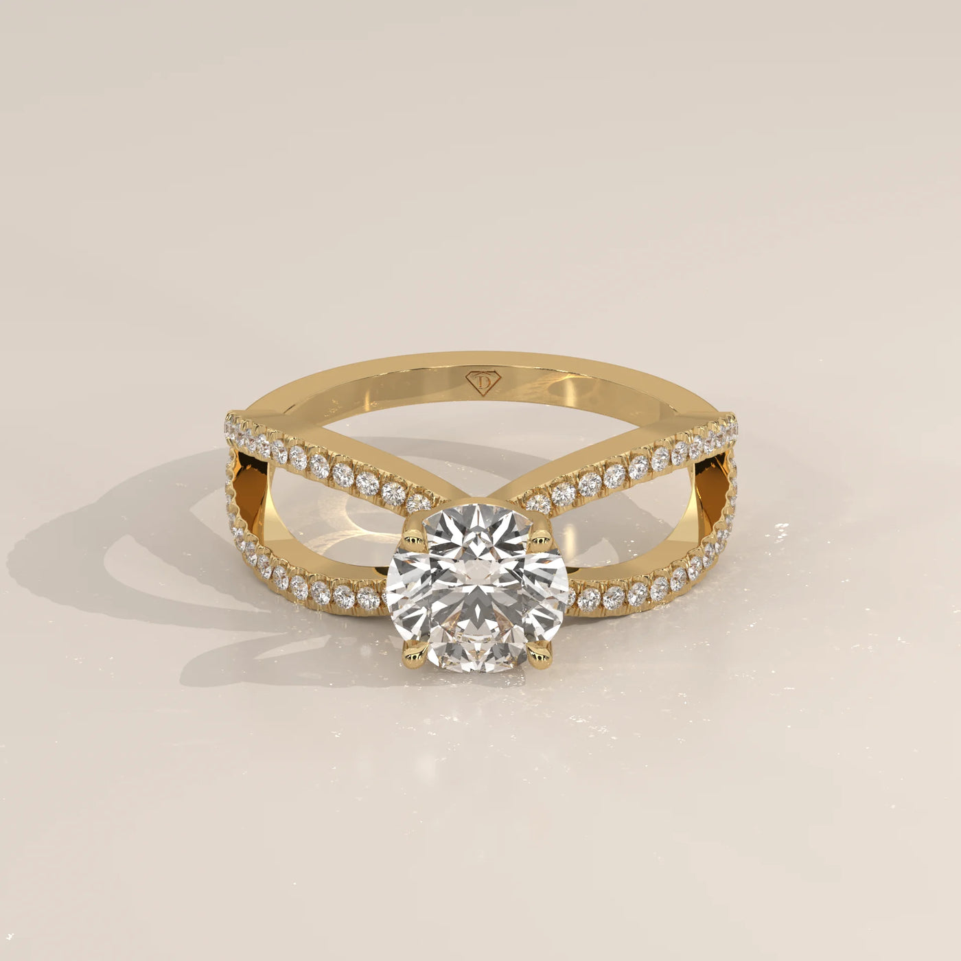 Three-Quarter View: Round Diamond Ring with Split Shank Setting in Yellow Gold – Lab Grown – Driona Jewels