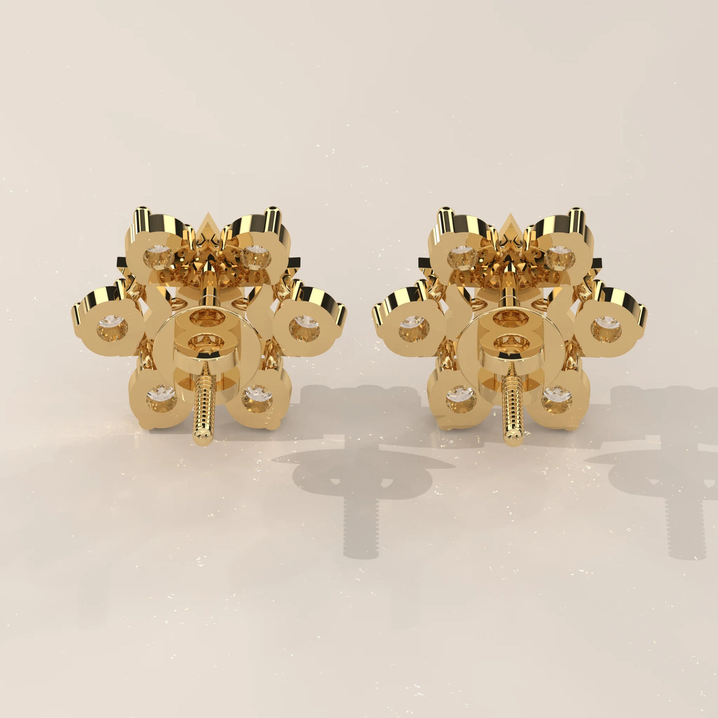 Back View: Round Diamond Stud Earrings with Cluster Setting in Yellow Gold – Lab Grown – Driona Jewels