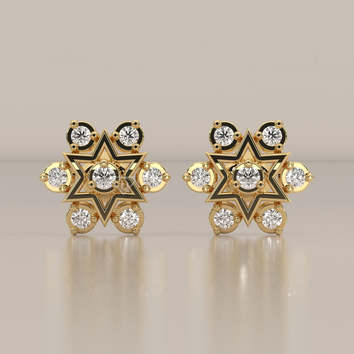 Front View: Round Diamond Stud Earrings with Cluster Setting in Yellow Gold – Lab Grown – Driona Jewels