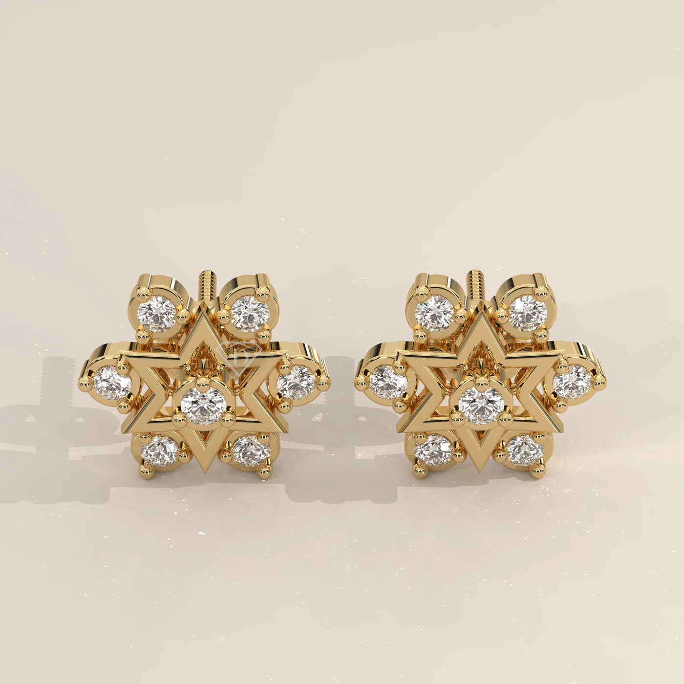 Pair Front View: Round Diamond Stud Earrings with Cluster Setting in Yellow Gold – Lab Grown – Driona Jewels