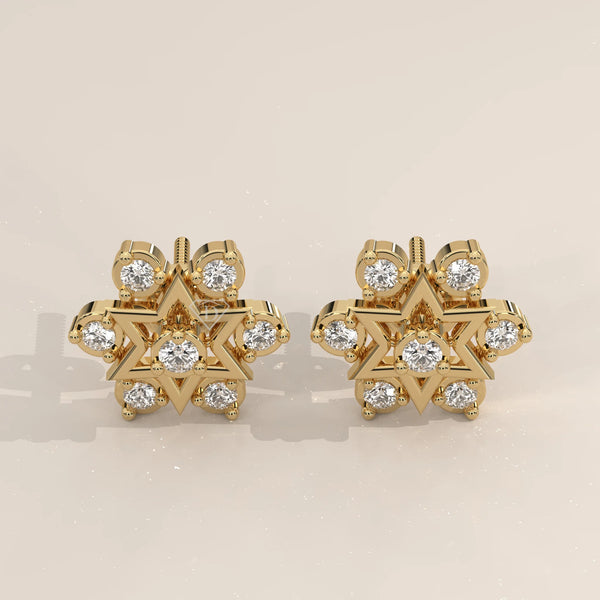 Pair Front View: Round Diamond Stud Earrings with Cluster Setting in Yellow Gold – Lab Grown – Driona Jewels