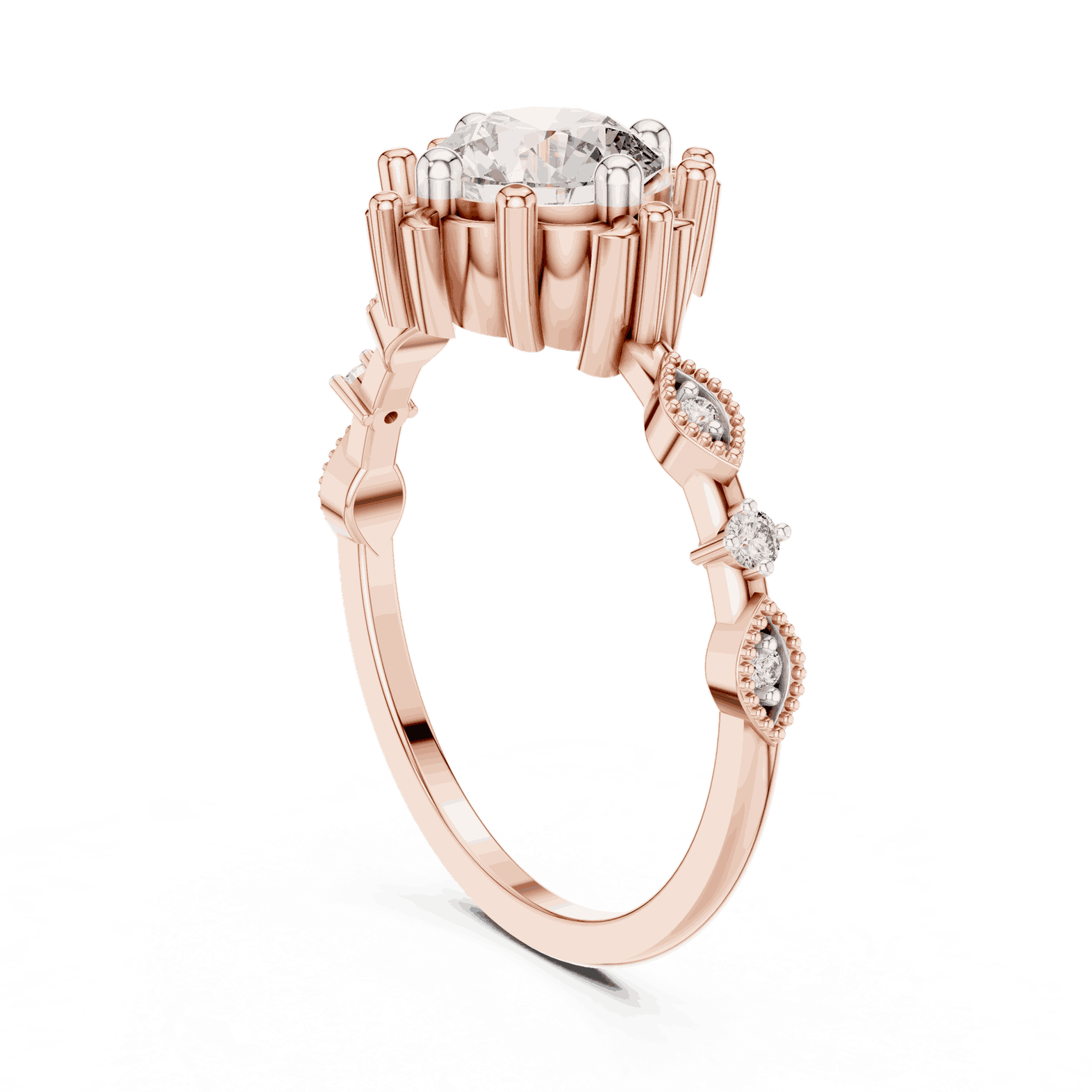 14K Rose Gold Diamond Ring featuring Round Sunburst Crown style with Milgrain finish for women - Perfect Bridal & Anniversary Gift - Angled View
