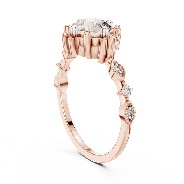 14K Rose Gold Diamond Ring featuring Round Sunburst Crown style with Milgrain finish for women - Perfect Bridal & Anniversary Gift - Angled View