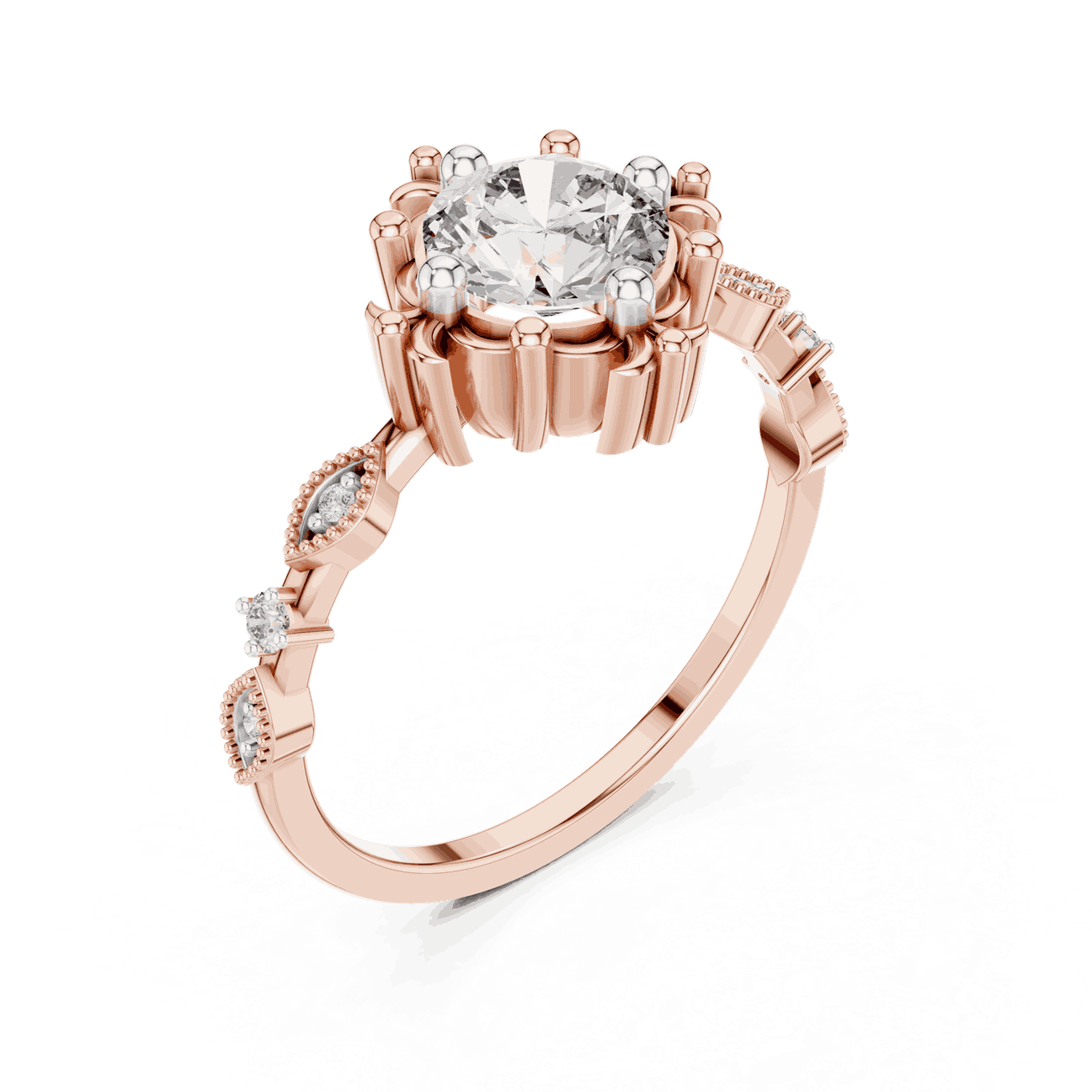 14K Rose Gold Diamond Ring featuring Round Sunburst Crown style with Milgrain finish for women - Perfect Bridal & Anniversary Gift - Angled View 2