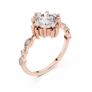 14K Rose Gold Diamond Ring featuring Round Sunburst Crown style with Milgrain finish for women - Perfect Bridal & Anniversary Gift - Angled View 2