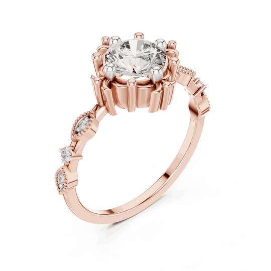 14K Rose Gold Diamond Ring featuring Round Sunburst Crown style with Milgrain finish for women - Perfect Bridal & Anniversary Gift - Angled View 2