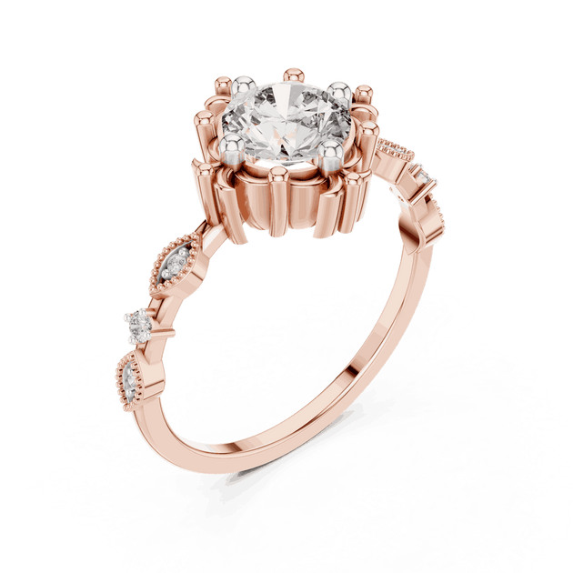 14K Rose Gold Diamond Ring featuring Round Sunburst Crown style with Milgrain finish for women - Perfect Bridal & Anniversary Gift - Angled View 2