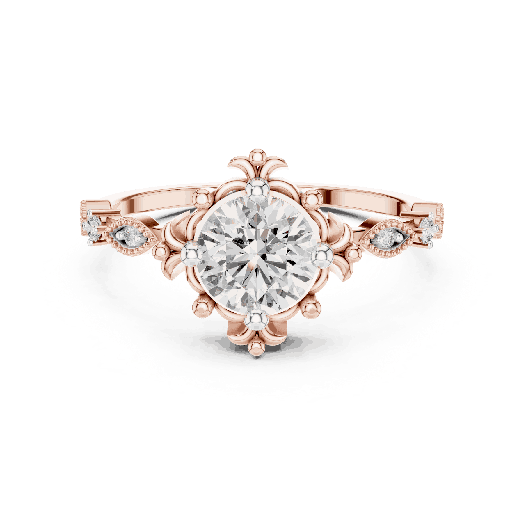 14K Rose Gold Diamond Ring featuring Round Sunburst Crown style with Milgrain finish for women - Perfect Bridal & Anniversary Gift - Front View