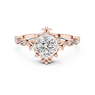 14K Rose Gold Diamond Ring featuring Round Sunburst Crown style with Milgrain finish for women - Perfect Bridal & Anniversary Gift - Front View